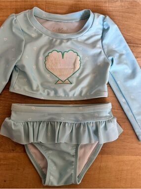Cat & Jack Light Blue Girls' Long-Sleeve Rashguard Swim Set with Shell Graphic